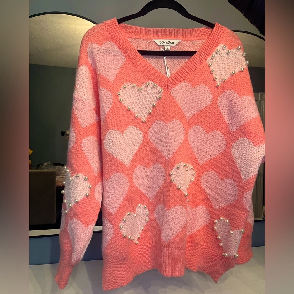 HEART PEARL SIDE SLIT LOOSE FIT V NECK SWEATER - Picture 3 of 8